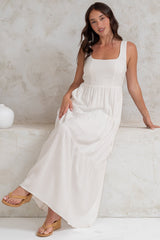 Arielle Maxi Dress - Square Neckline Tiered Dress with Pockets in White