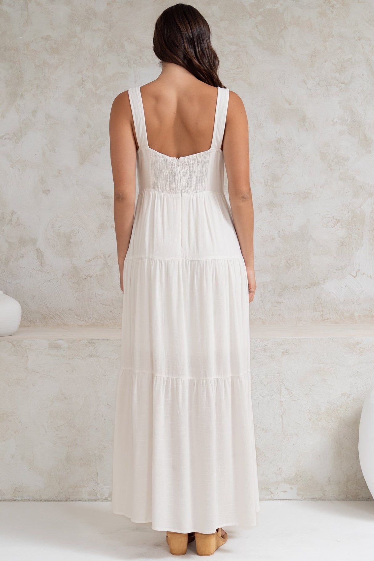 Arielle Maxi Dress - Square Neckline Tiered Dress with Pockets in White