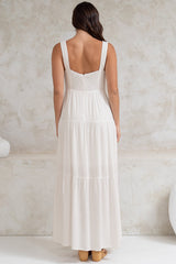 Arielle Maxi Dress - Square Neckline Tiered Dress with Pockets in White
