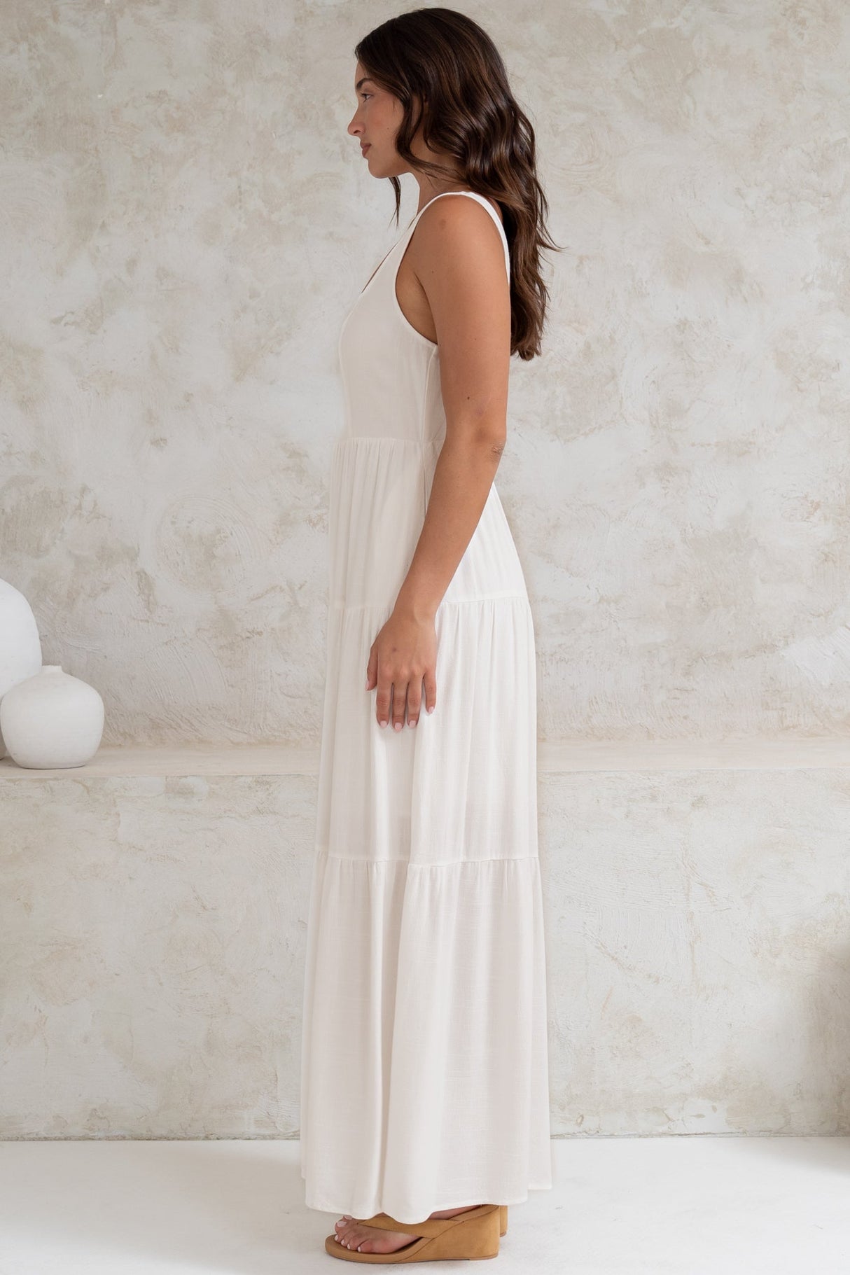 Arielle Maxi Dress - Square Neckline Tiered Dress with Pockets in White