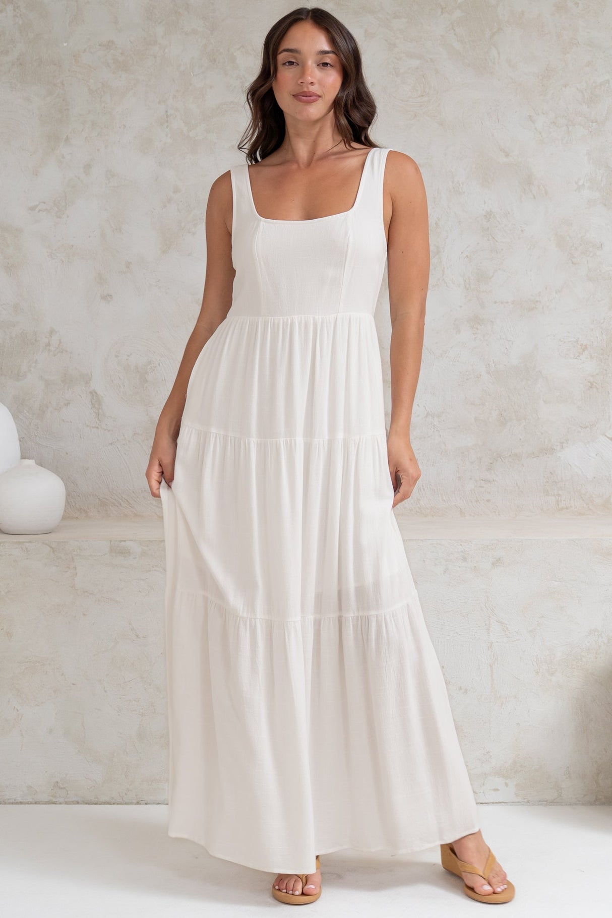 Arielle Maxi Dress - Square Neckline Tiered Dress with Pockets in White