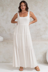 Arielle Maxi Dress - Square Neckline Tiered Dress with Pockets in White