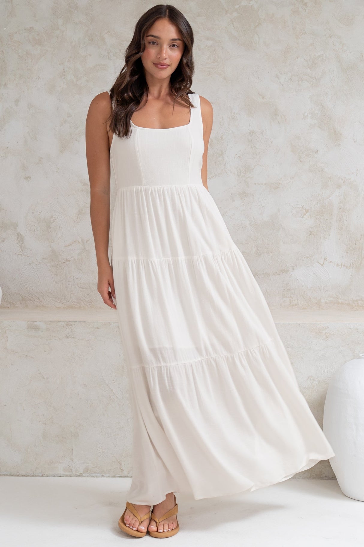 Arielle Maxi Dress - Square Neckline Tiered Dress with Pockets in White