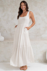 Arielle Maxi Dress - Square Neckline Tiered Dress with Pockets in White