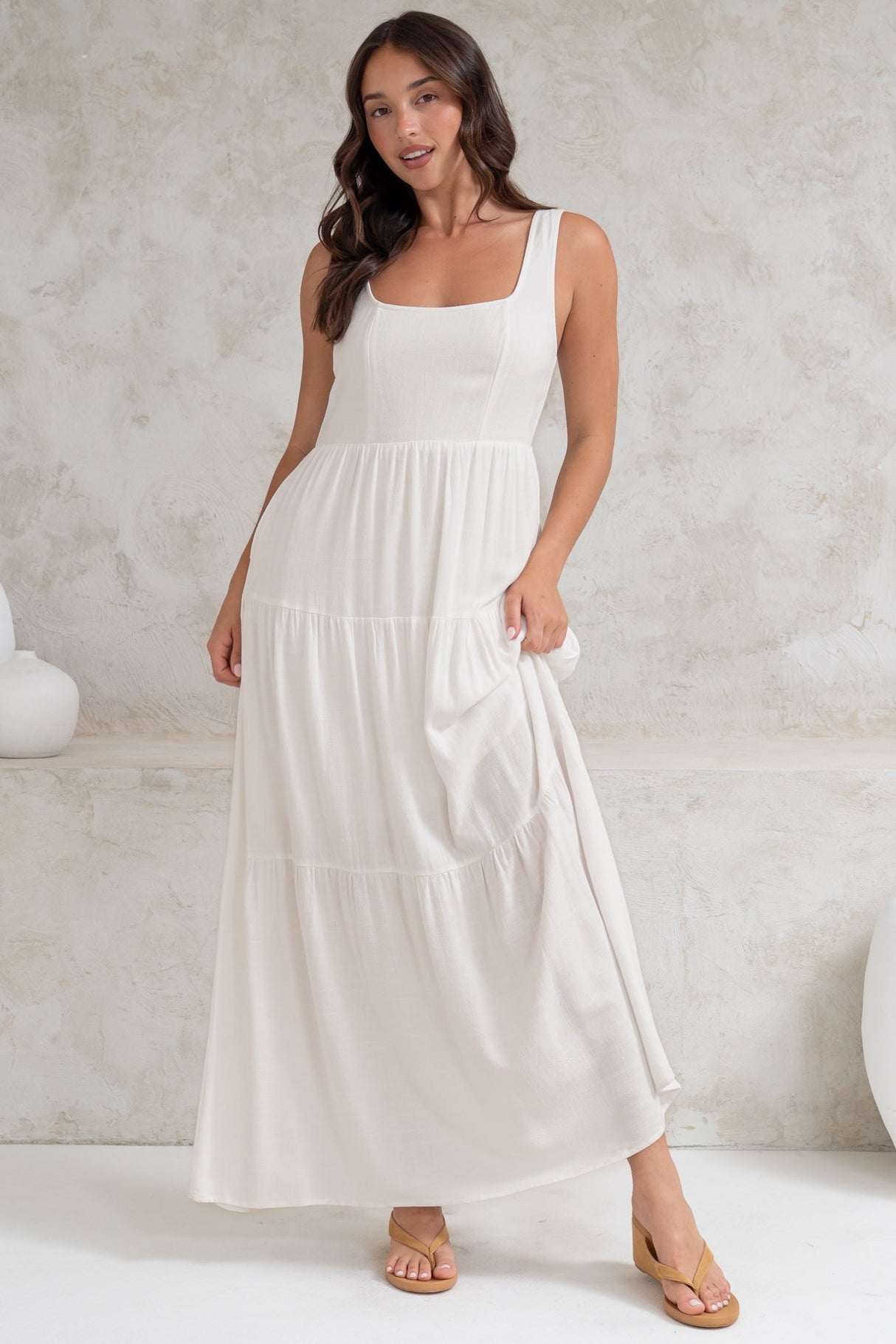 Arielle Maxi Dress - Square Neckline Tiered Dress with Pockets in White