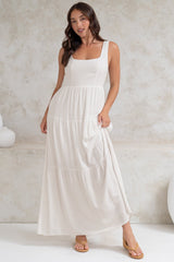 Arielle Maxi Dress - Square Neckline Tiered Dress with Pockets in White