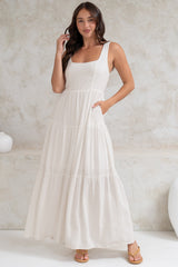 Arielle Maxi Dress - Square Neckline Tiered Dress with Pockets in White