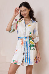 Aristi Mini Dress - Collared Shirt Dress with Matching Belt in Leanne Print