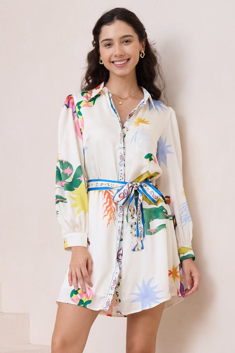 Aristi Mini Dress - Collared Shirt Dress with Matching Belt in Leanne Print