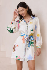 Aristi Mini Dress - Collared Shirt Dress with Matching Belt in Leanne Print