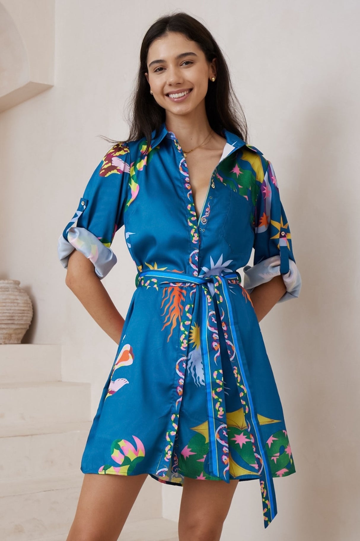 Aristi Mini Dress - Collared Shirt Dress with Matching Belt in Leanne Print Blue