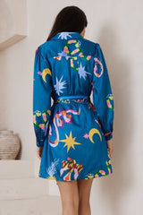 Aristi Mini Dress - Collared Shirt Dress with Matching Belt in Leanne Print Blue