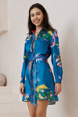 Aristi Mini Dress - Collared Shirt Dress with Matching Belt in Leanne Print Blue