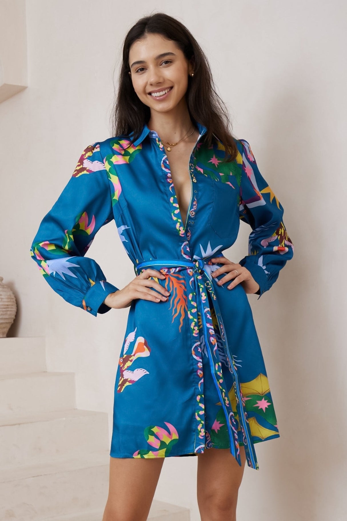 Aristi Mini Dress - Collared Shirt Dress with Matching Belt in Leanne Print Blue