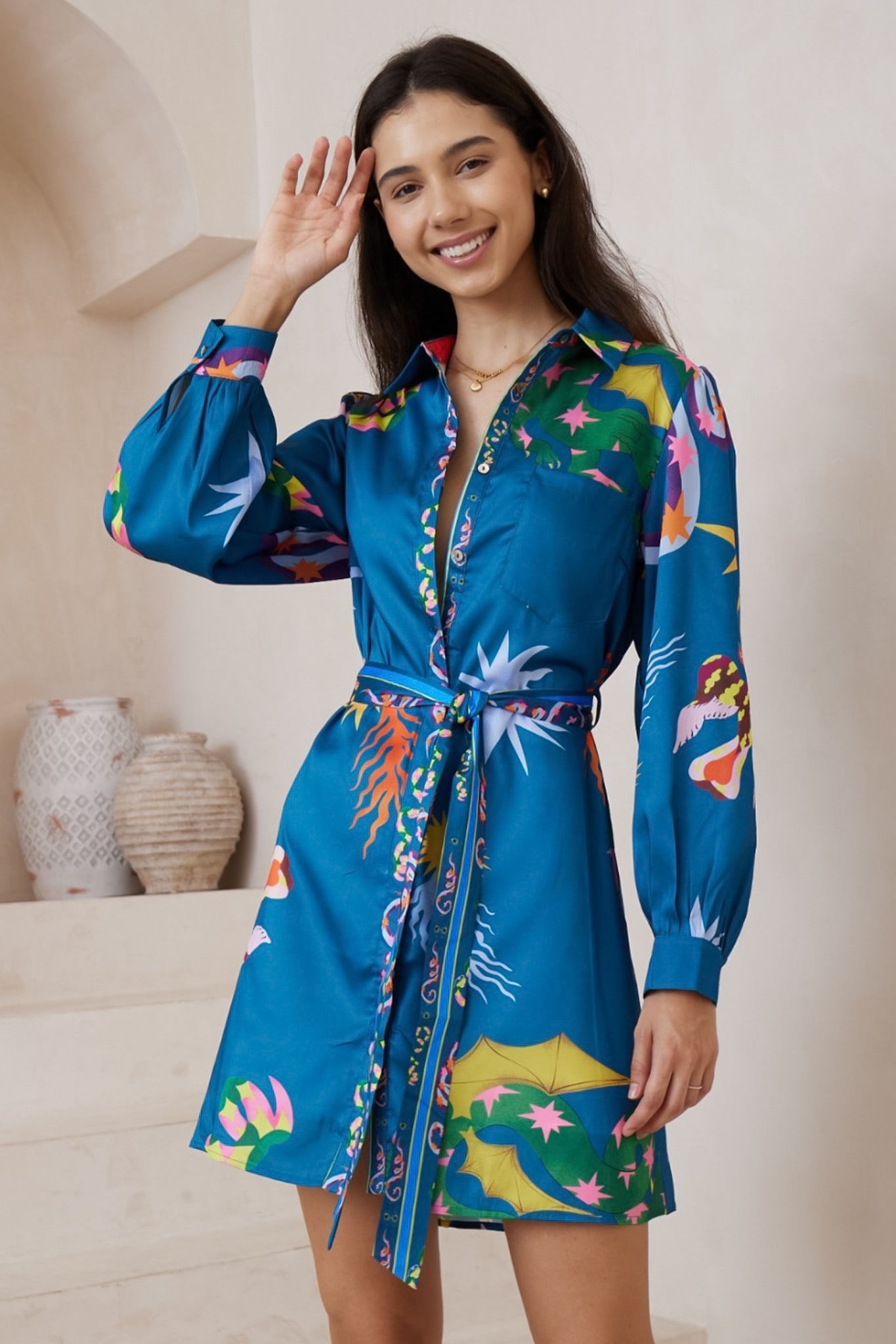 Aristi Mini Dress - Collared Shirt Dress with Matching Belt in Leanne Print Blue