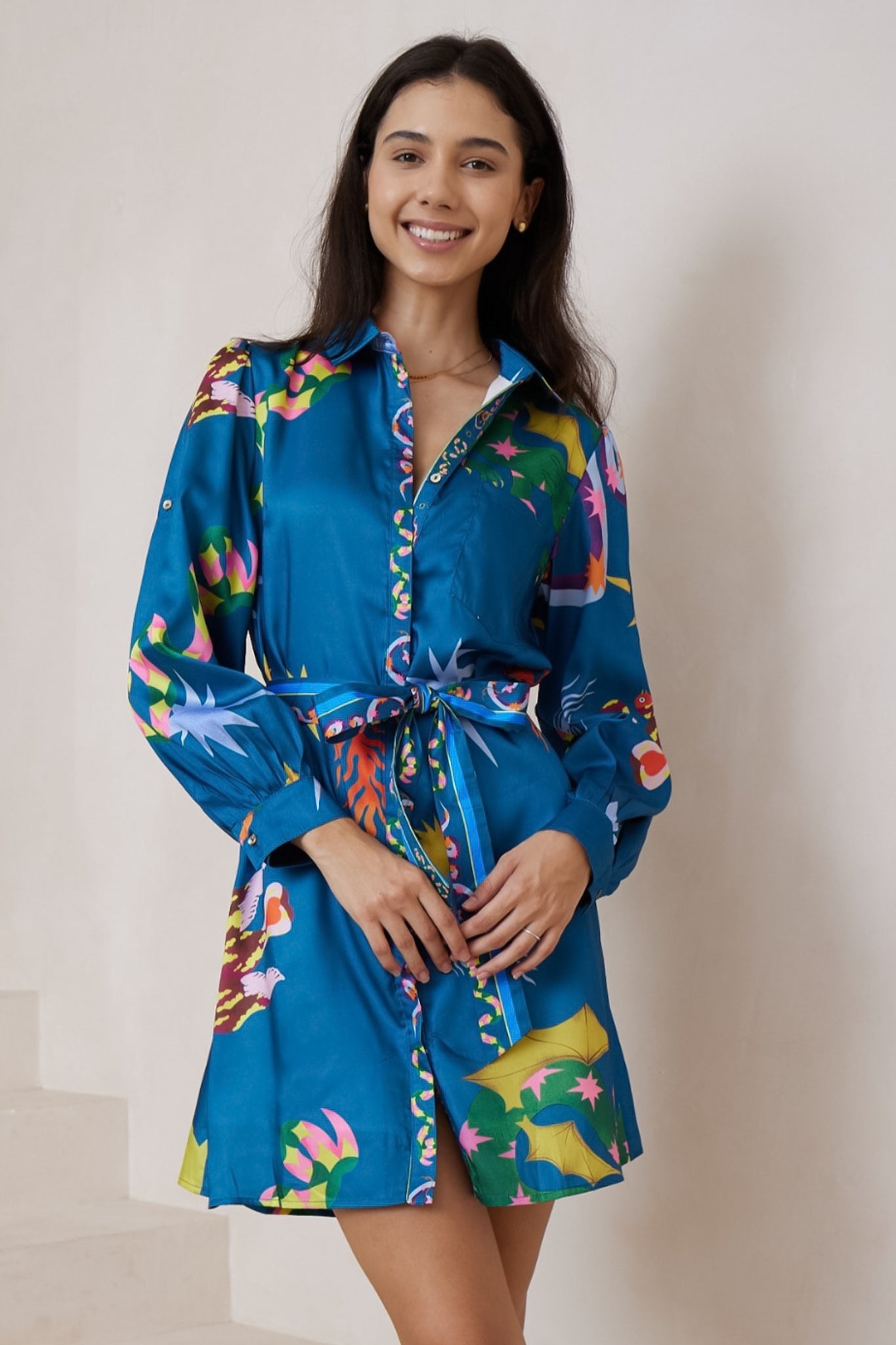 Aristi Mini Dress - Collared Shirt Dress with Matching Belt in Leanne Print Blue