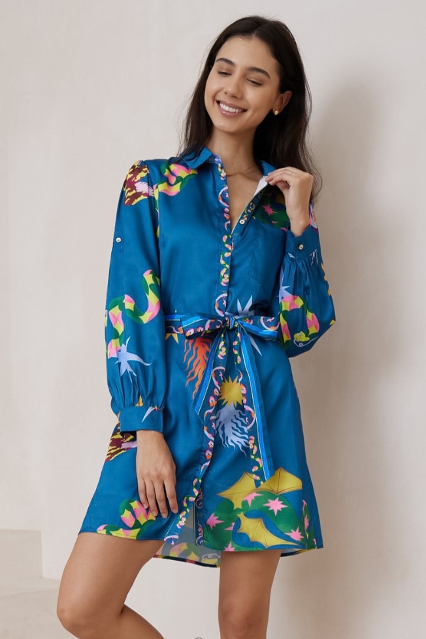 Aristi Mini Dress - Collared Shirt Dress with Matching Belt in Leanne Print Blue