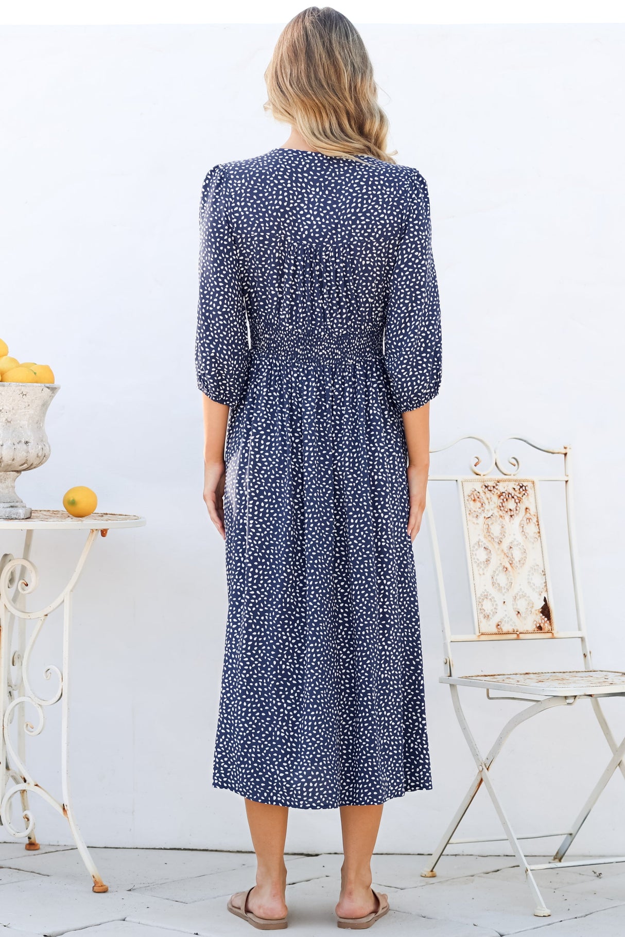 Arleni Midi Dress - V-Neck A-Line Dress with 3/4 Sleeves in Bell Print Navy