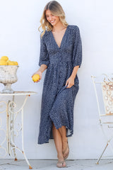 Arleni Midi Dress - V-Neck A-Line Dress with 3/4 Sleeves in Bell Print Navy