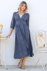 Arleni Midi Dress - V-Neck A-Line Dress with 3/4 Sleeves in Bell Print Navy