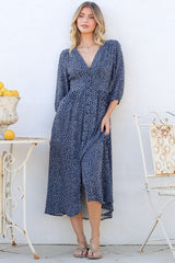 Arleni Midi Dress - V-Neck A-Line Dress with 3/4 Sleeves in Bell Print Navy