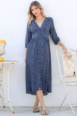 Arleni Midi Dress - V-Neck A-Line Dress with 3/4 Sleeves in Bell Print Navy