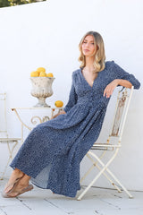 Arleni Midi Dress - V-Neck A-Line Dress with 3/4 Sleeves in Bell Print Navy