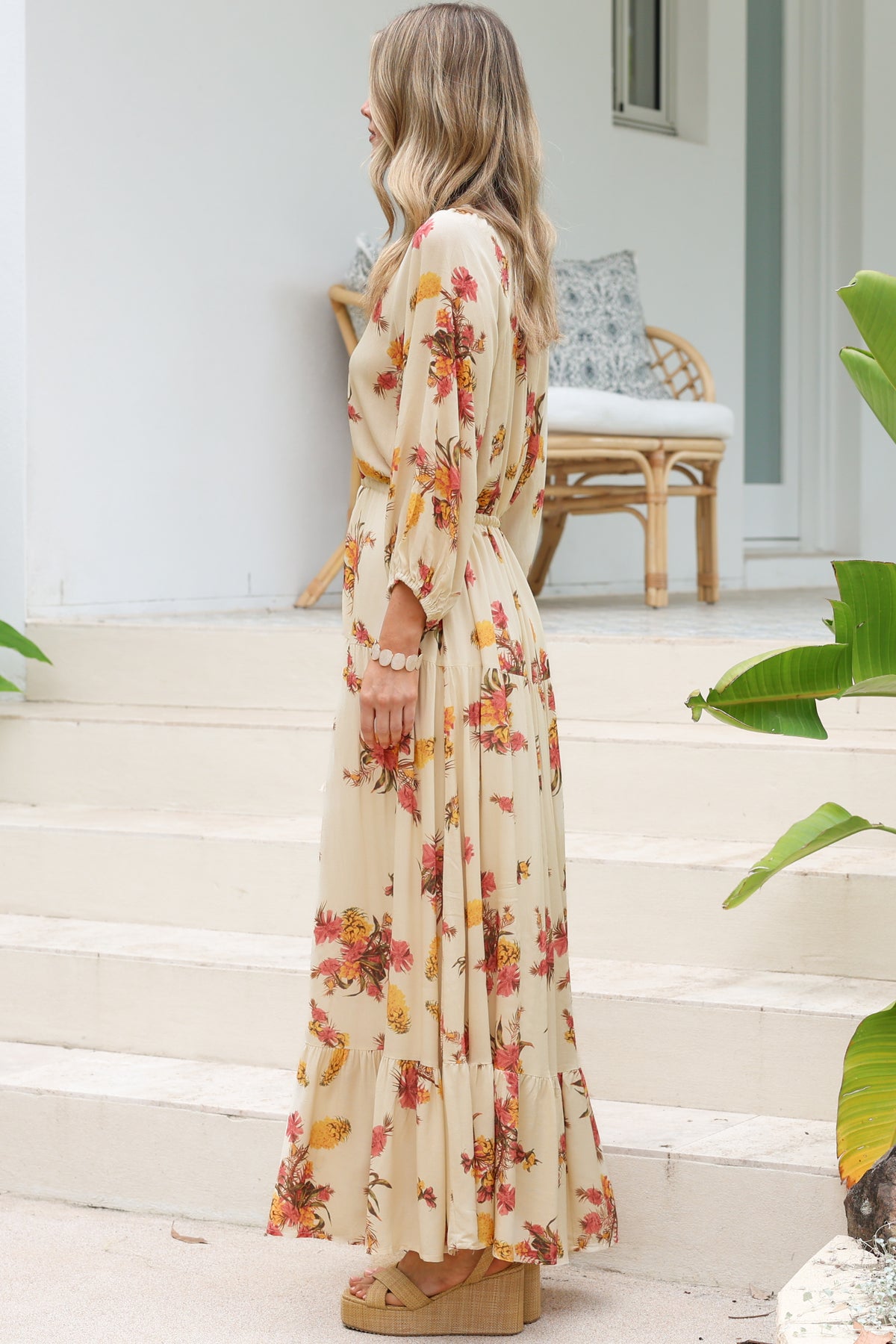 Arlete Maxi Dress - Drawstring Waist Shirt Dress with 3/4 Sleeves in Mirjana Print Cream