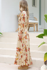 Arlete Maxi Dress - Drawstring Waist Shirt Dress with 3/4 Sleeves in Mirjana Print Cream