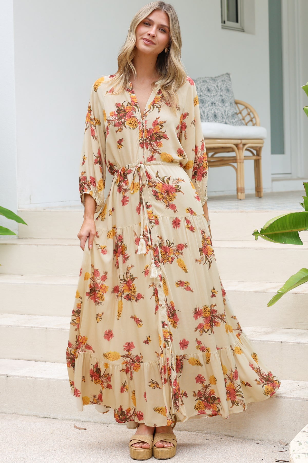 Arlete Maxi Dress - Drawstring Waist Shirt Dress with 3/4 Sleeves in Mirjana Print Cream