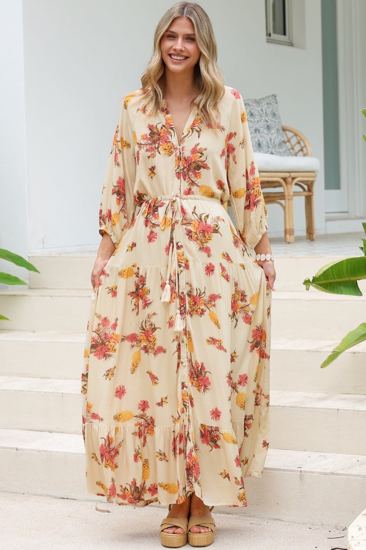 Arlete Maxi Dress - Drawstring Waist Shirt Dress with 3/4 Sleeves in Mirjana Print Cream