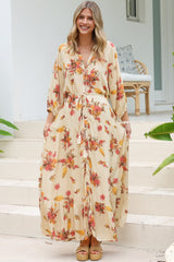 Arlete Maxi Dress - Drawstring Waist Shirt Dress with 3/4 Sleeves in Mirjana Print Cream