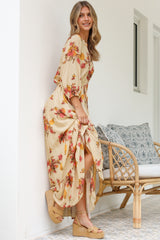 Arlete Maxi Dress - Drawstring Waist Shirt Dress with 3/4 Sleeves in Mirjana Print Cream