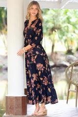 Arlete Maxi Dress - Drawstring Waist Shirt Dress with 3/4 Sleeves in Mirjana Print Navy