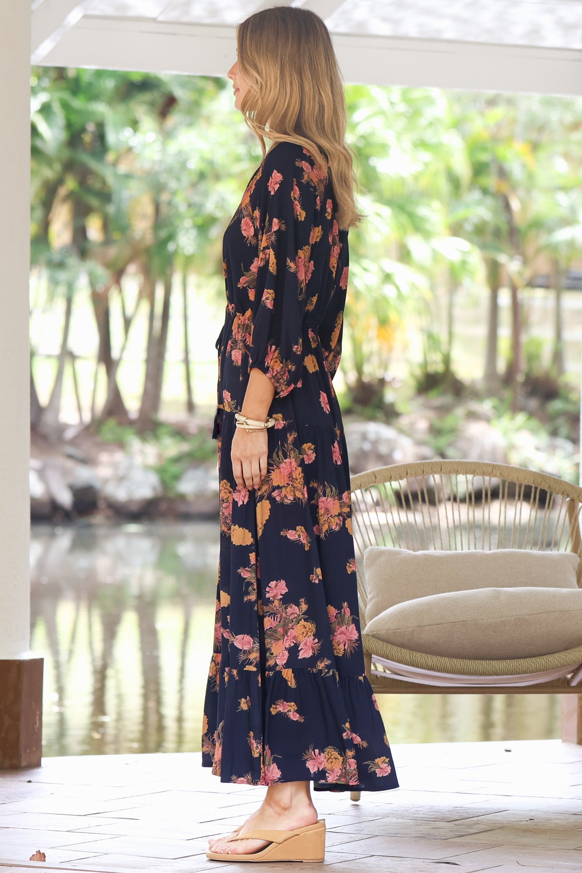 Arlete Maxi Dress - Drawstring Waist Shirt Dress with 3/4 Sleeves in Mirjana Print Navy