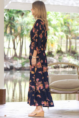Arlete Maxi Dress - Drawstring Waist Shirt Dress with 3/4 Sleeves in Mirjana Print Navy