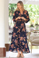 Arlete Maxi Dress - Drawstring Waist Shirt Dress with 3/4 Sleeves in Mirjana Print Navy