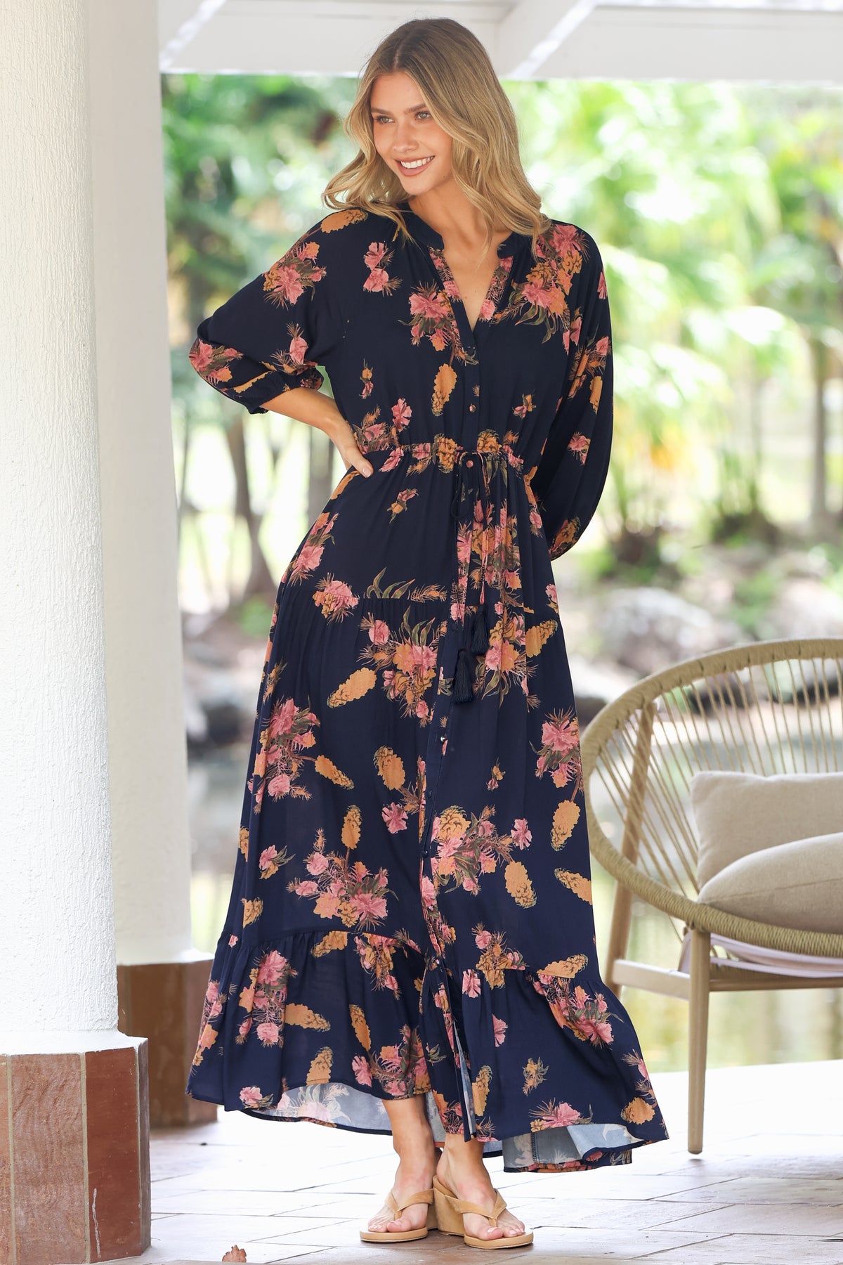 Arlete Maxi Dress - Drawstring Waist Shirt Dress with 3/4 Sleeves in Mirjana Print Navy