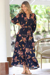 Arlete Maxi Dress - Drawstring Waist Shirt Dress with 3/4 Sleeves in Mirjana Print Navy