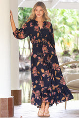 Arlete Maxi Dress - Drawstring Waist Shirt Dress with 3/4 Sleeves in Mirjana Print Navy
