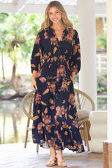 Arlete Maxi Dress - Drawstring Waist Shirt Dress with 3/4 Sleeves in Mirjana Print Navy