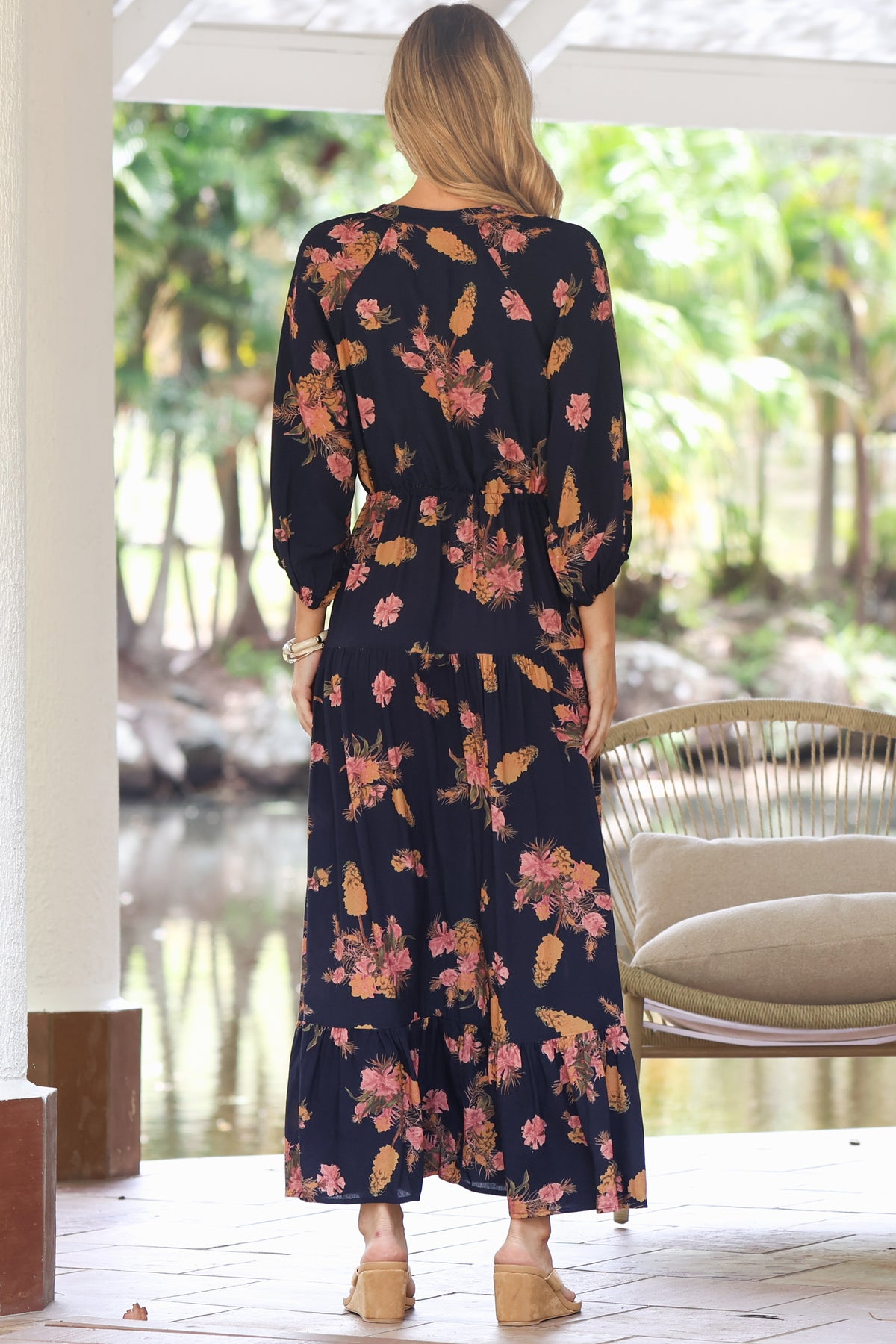 Arlete Maxi Dress - Drawstring Waist Shirt Dress with 3/4 Sleeves in Mirjana Print Navy