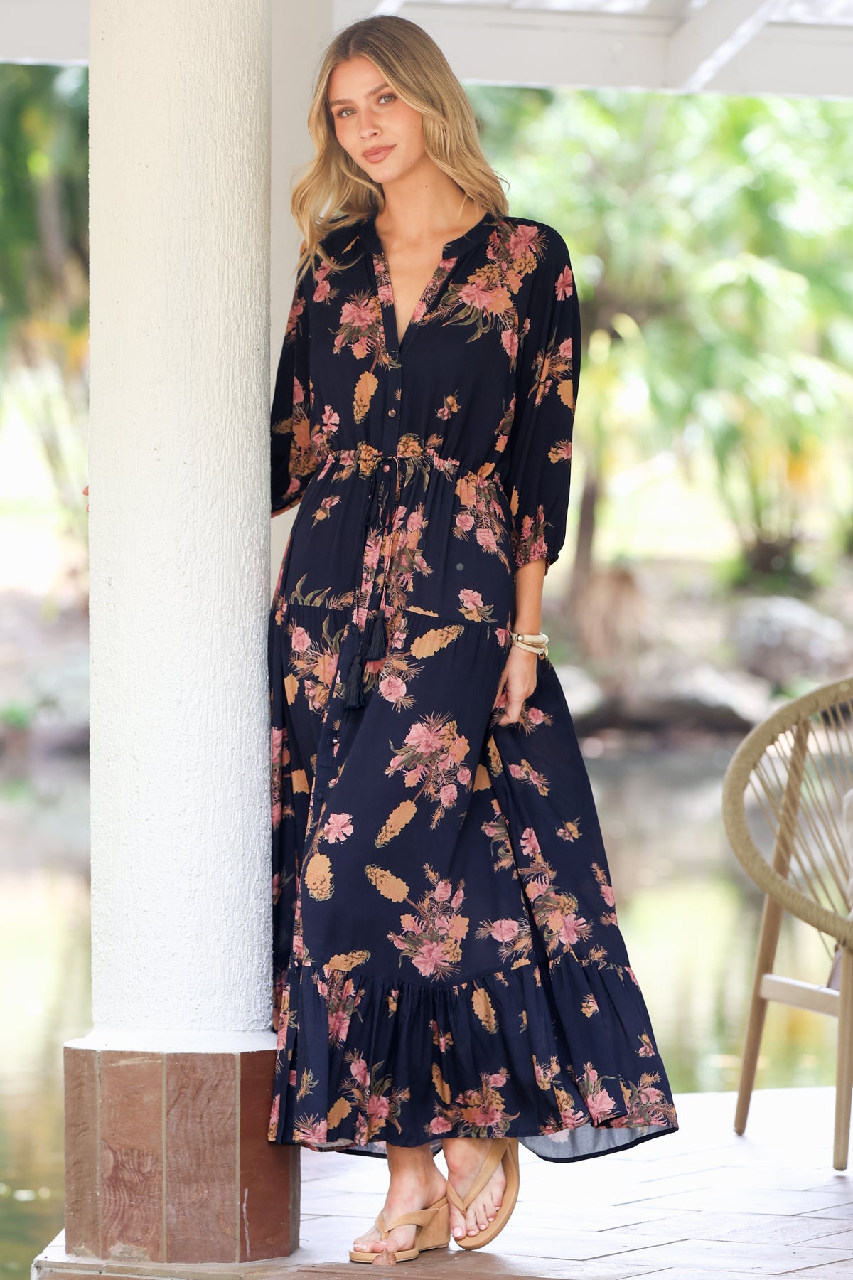 Arlete Maxi Dress - Drawstring Waist Shirt Dress with 3/4 Sleeves in Mirjana Print Navy