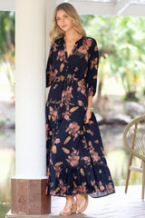 Arlete Maxi Dress - Drawstring Waist Shirt Dress with 3/4 Sleeves in Mirjana Print Navy
