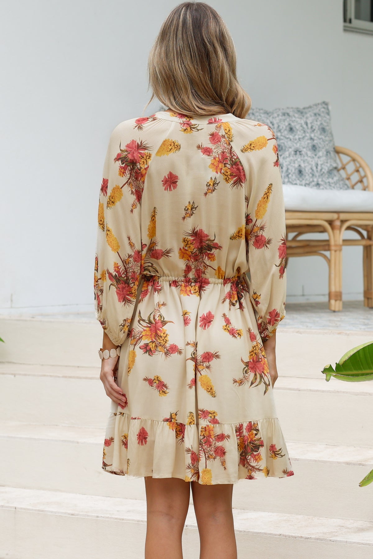 Arlete Mini Dress - Drawstring Waist Shirt Dress with 3/4 Sleeves in Mirjana Print Cream