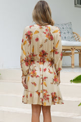 Arlete Mini Dress - Drawstring Waist Shirt Dress with 3/4 Sleeves in Mirjana Print Cream