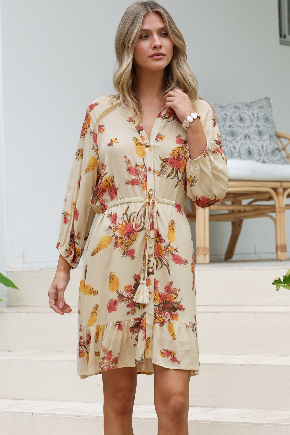 Arlete Mini Dress - Drawstring Waist Shirt Dress with 3/4 Sleeves in Mirjana Print Cream