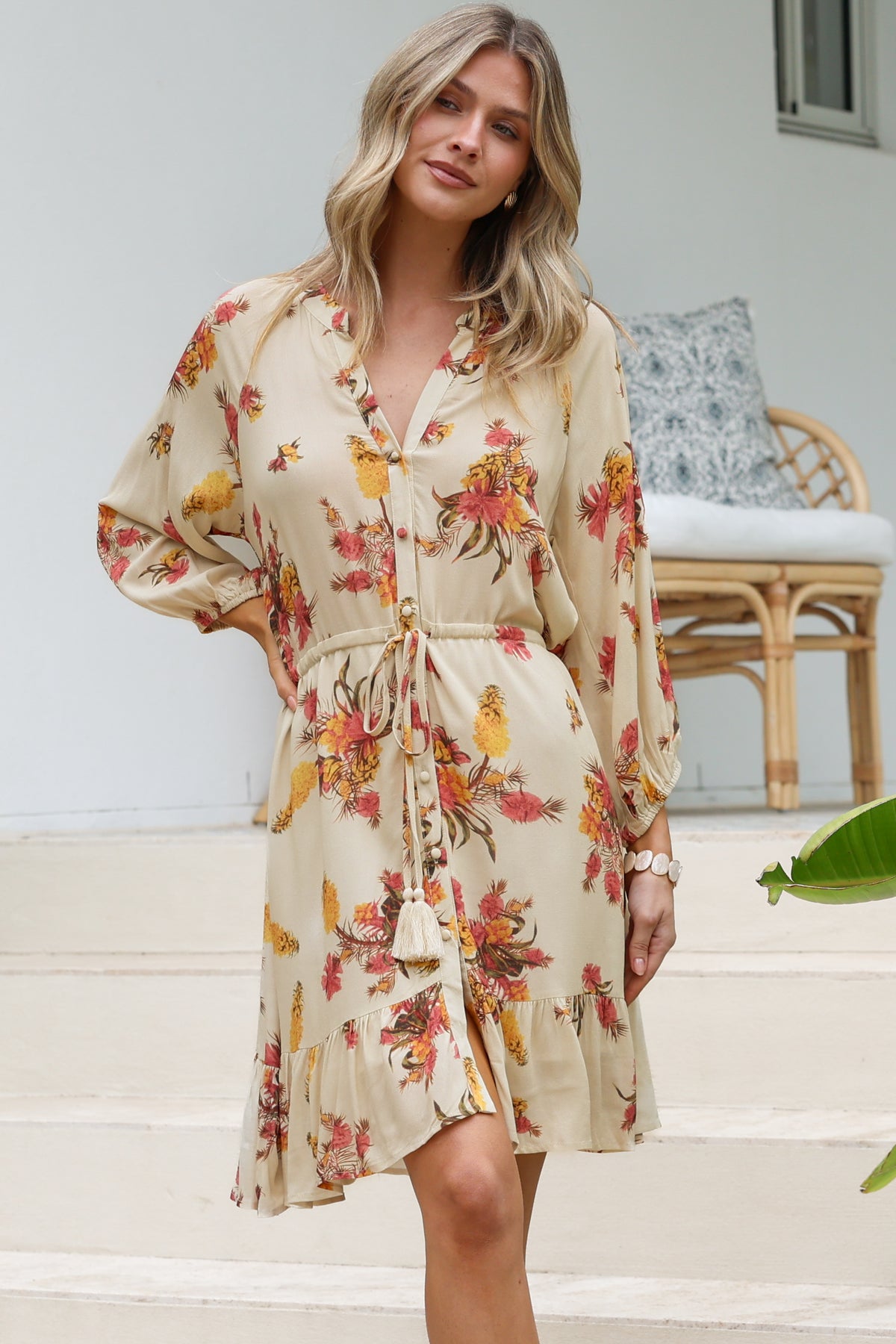 Arlete Mini Dress - Drawstring Waist Shirt Dress with 3/4 Sleeves in Mirjana Print Cream