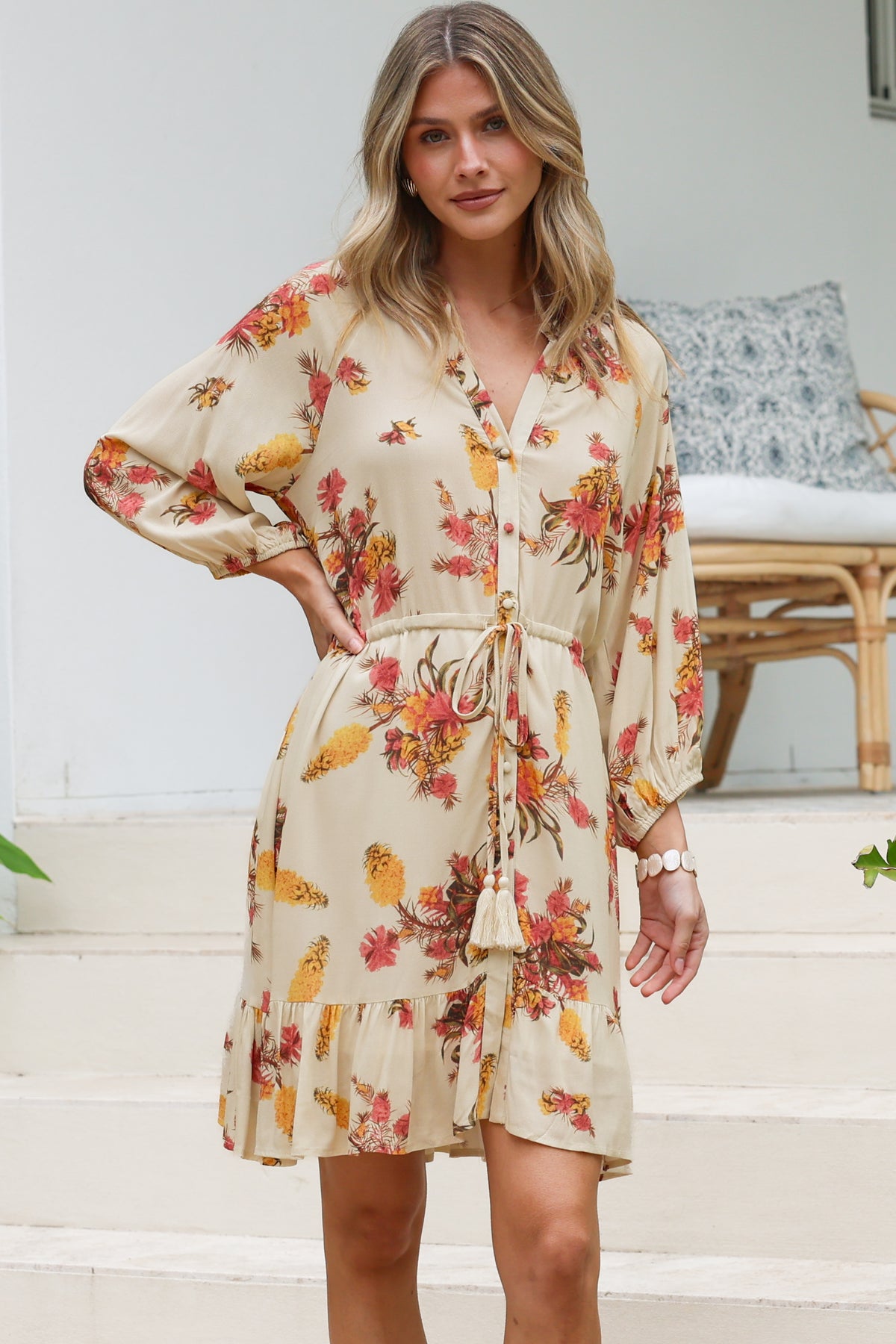Arlete Mini Dress - Drawstring Waist Shirt Dress with 3/4 Sleeves in Mirjana Print Cream
