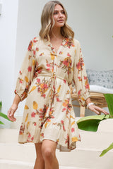 Arlete Mini Dress - Drawstring Waist Shirt Dress with 3/4 Sleeves in Mirjana Print Cream